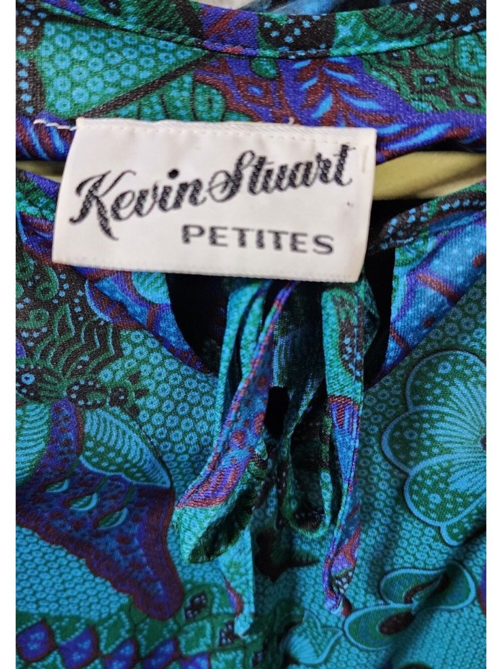 1980s KEVIN STUART PETITES psychedelic midi dress blue green abstract vintage - Picture 3 of 11